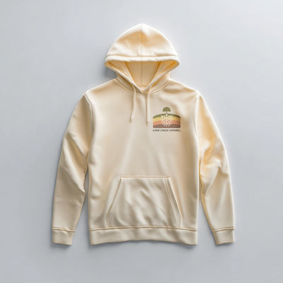 Retro tree and root cross-section graphic on a Yellow Haze midweight fleece hoodie.