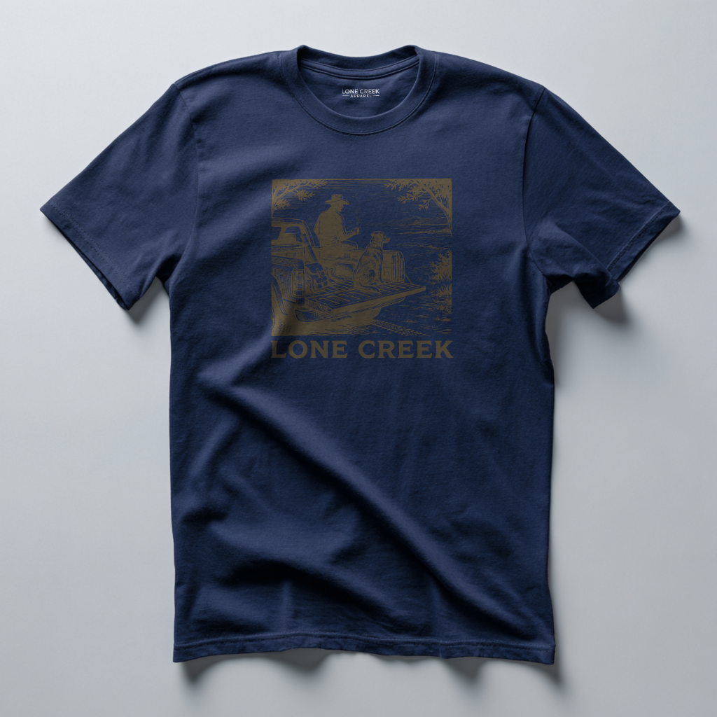 Woodcut-style truck and dog illustration in muted blue on a Navy graphic tee.