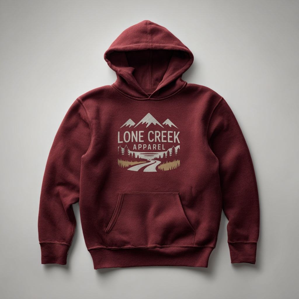 Maroon hoodie with 'Lone Creek Apparel' logo on a gray background