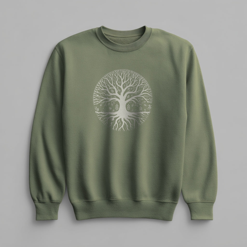 White tree of life mandala graphic on a Military Green midweight fleece crewneck sweatshirt.