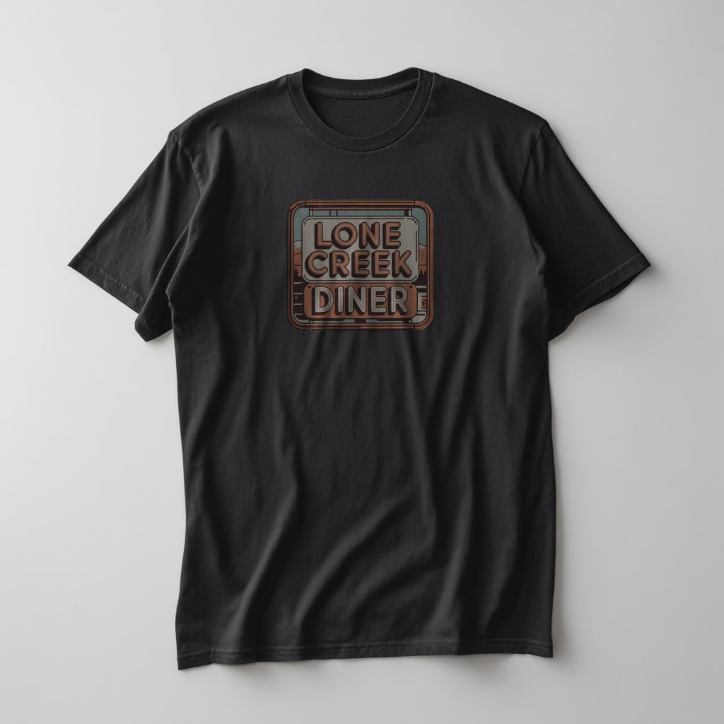 Black t-shirt with 'Lone Creek Diner' graphic on a gray background