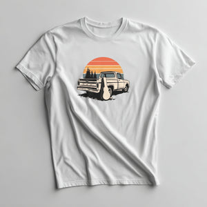 Vintage truck and guitar sunset graphic on a White lightweight cotton tee