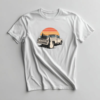 Vintage truck and guitar sunset graphic on a White lightweight cotton tee