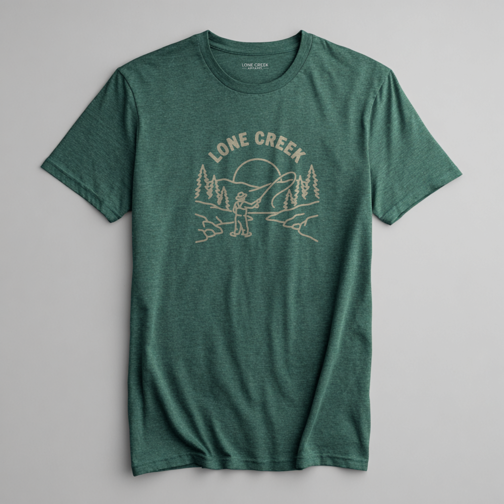 Fly fishing scene with figure, trees, and sun in white line art on a Heather Forest graphic tee.