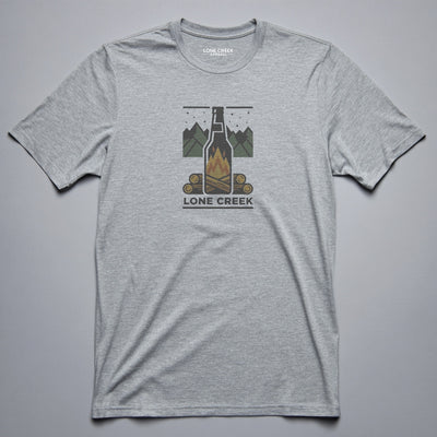 Multi-colour campfire bottle graphic with mountains and stars on a Heather Storm graphic tee.