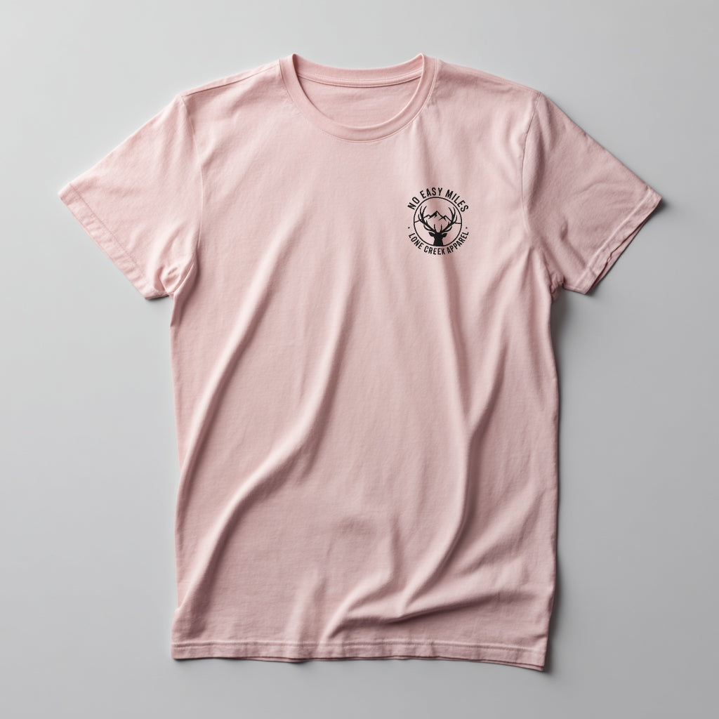 Pink t-shirt with a black logo on a gray background