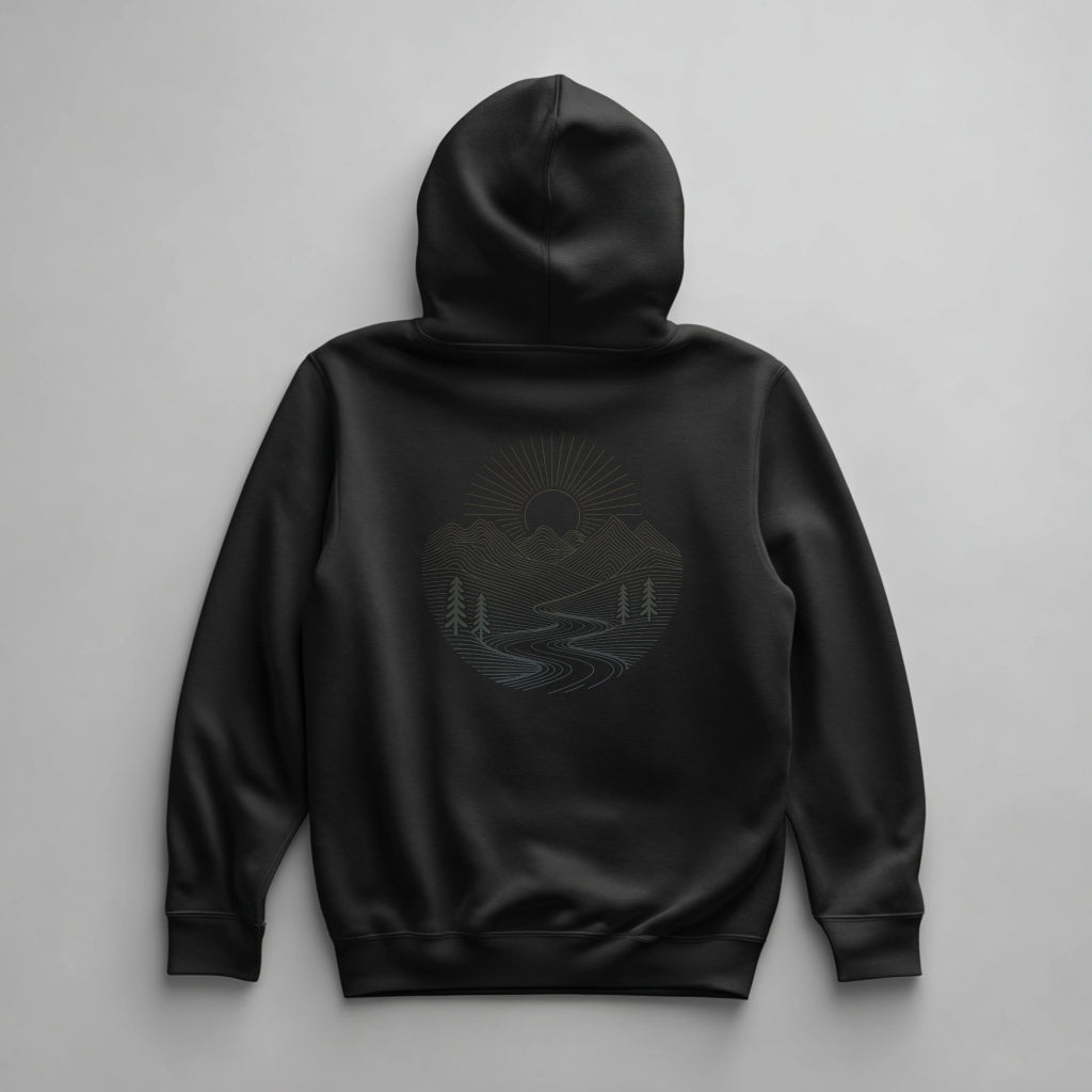 Line art mountain landscape graphic on the back of a Black midweight fleece hoodie background