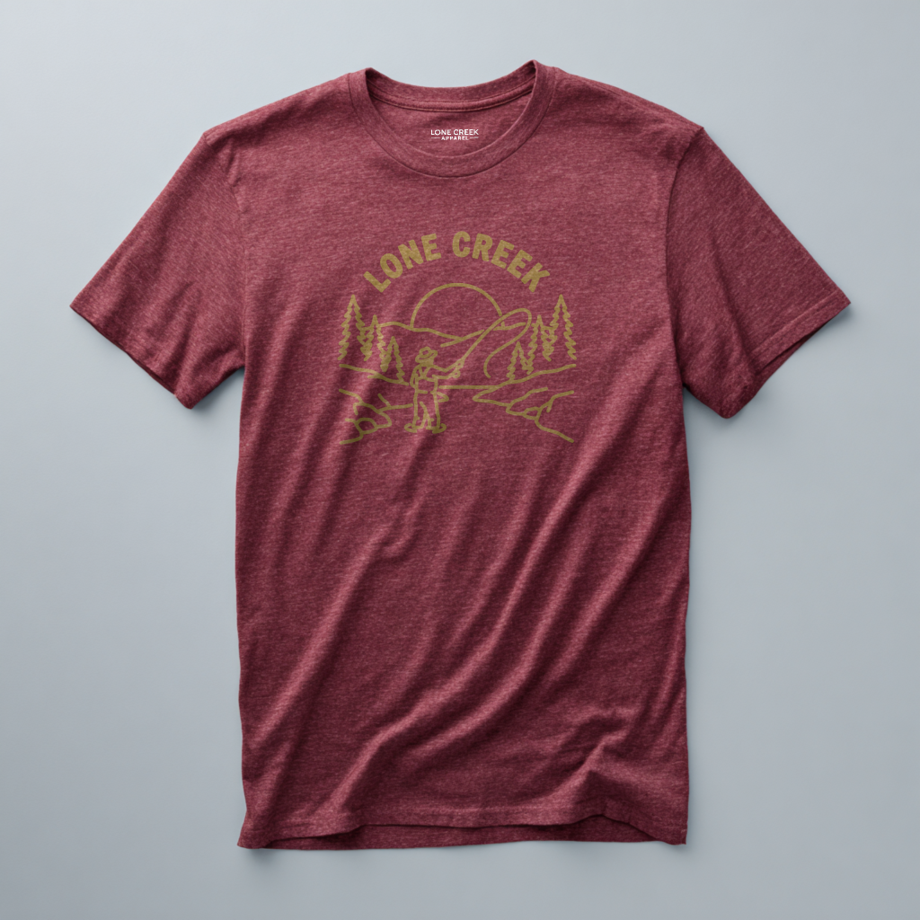 Fly fishing scene with figure, trees, and sun in white line art on a Heather Cardinal graphic tee.
