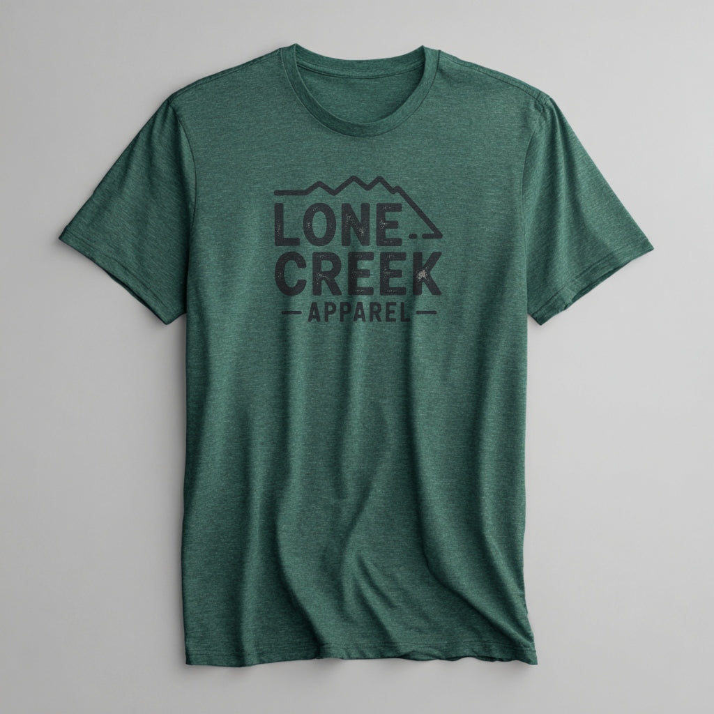 Lone Creek Apparel distressed mountain logo graphic on a heather-blend tee.
