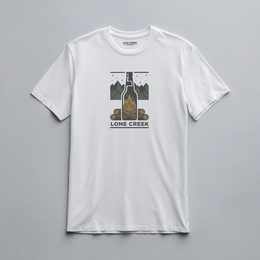 Multi-colour campfire bottle graphic with mountains and stars on a White graphic tee.