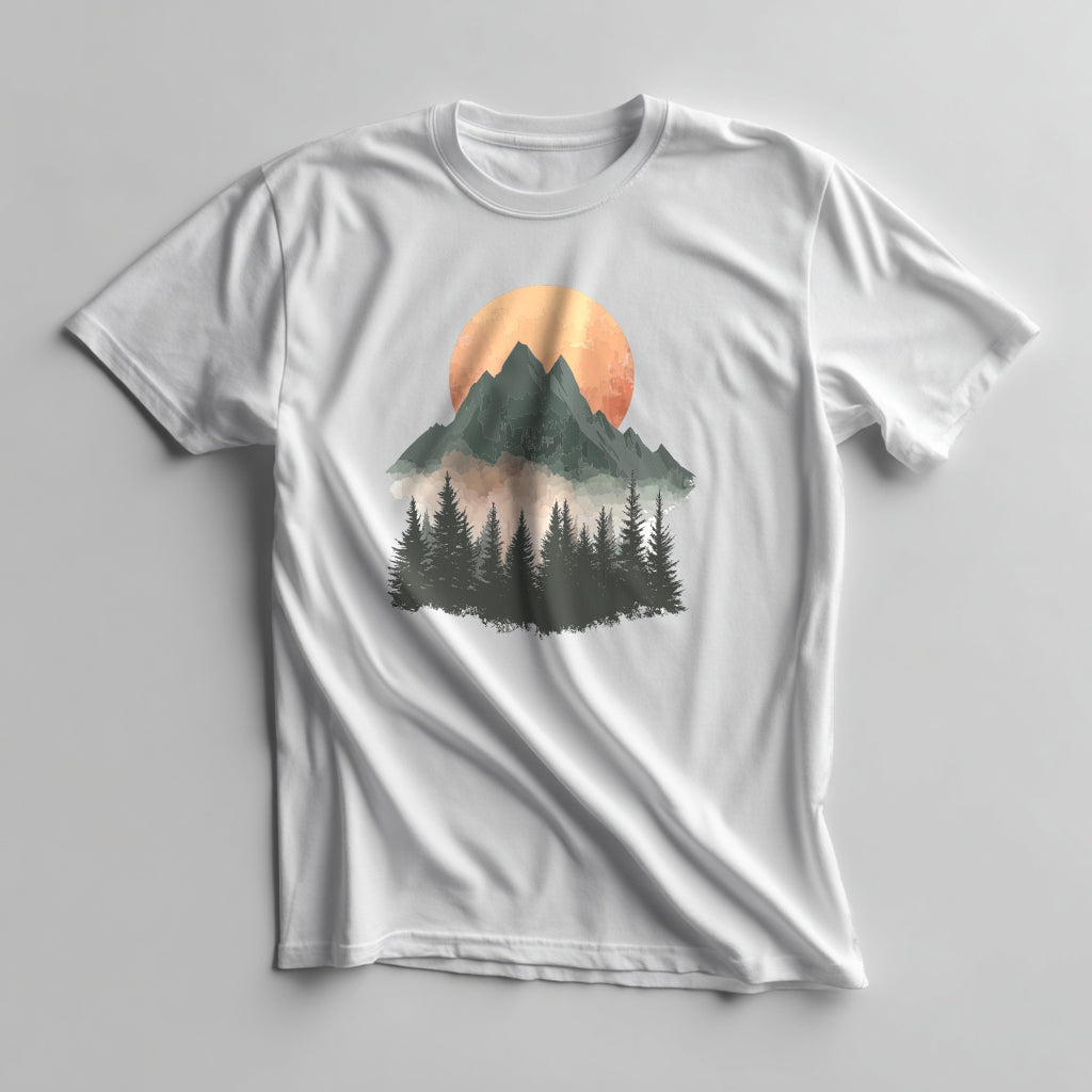 White t-shirt with a mountain and sunset design on a gray background