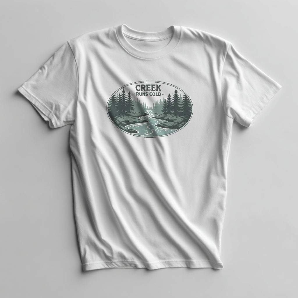 White t-shirt with a nature-themed graphic and 'Creek Runs Cold' text on a gray background