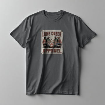 Vintage campfire gathering graphic on a Flint Grey graphic tee