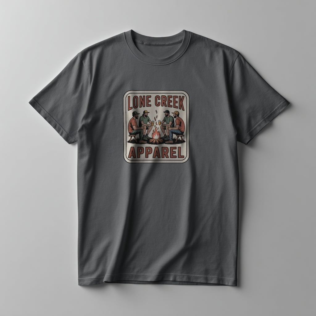 Gray t-shirt with 'Lone Creek Apparel' graphic on a gray background