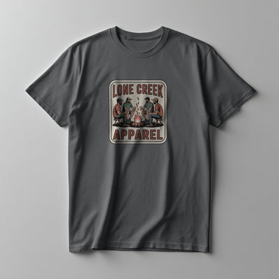 Vintage campfire gathering graphic on a Grey lightweight cotton tee