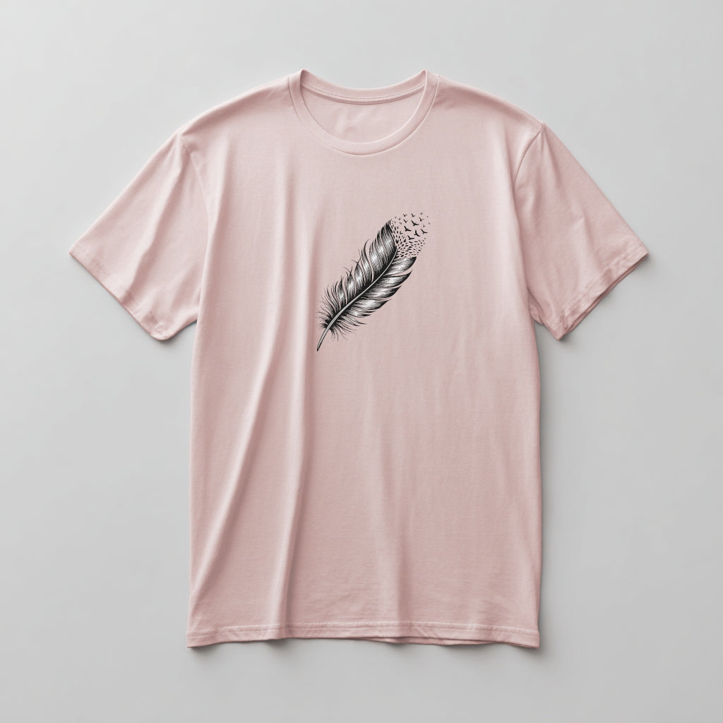 Woodcut feather dissolving into birds graphic on a Soft Pink 100% cotton tee.
