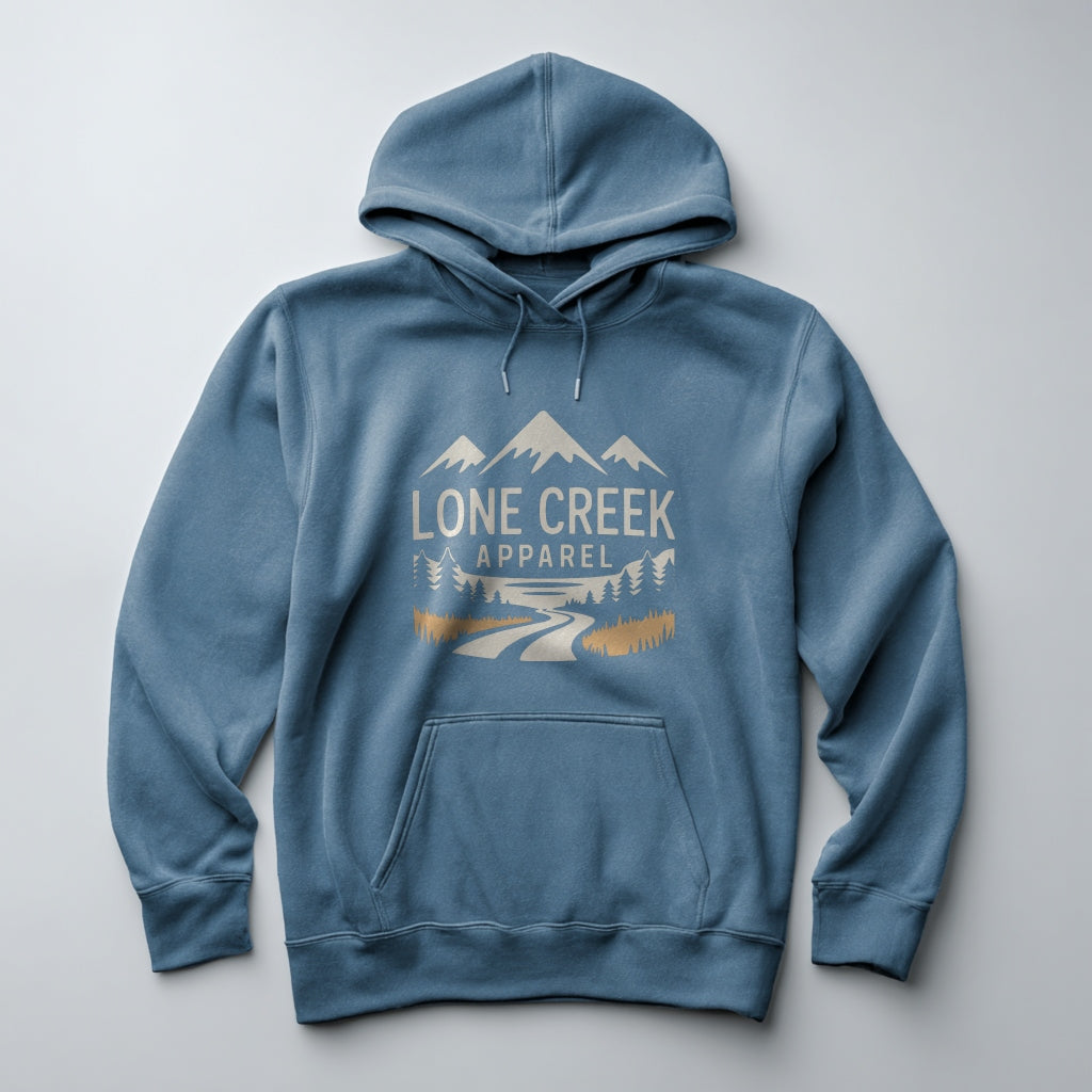 Blue hoodie with 'Lone Creek Apparel' logo on a light gray background