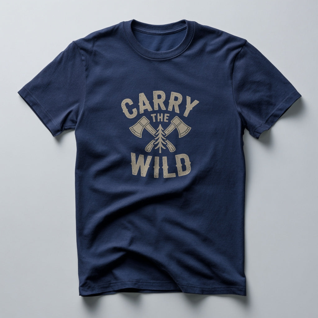 Navy blue t-shirt with 'CARRY THE WILD' text and graphic on a light gray background