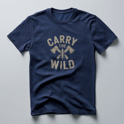 Cream crossed axes and pine graphic with Carry the Wild text on a Navy Blue graphic tee