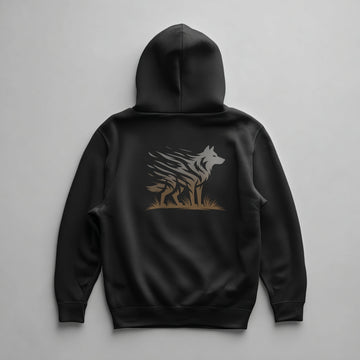 Back view of a Raven Black midweight fleece hoodie with a grey and gold-brown wolf graphic