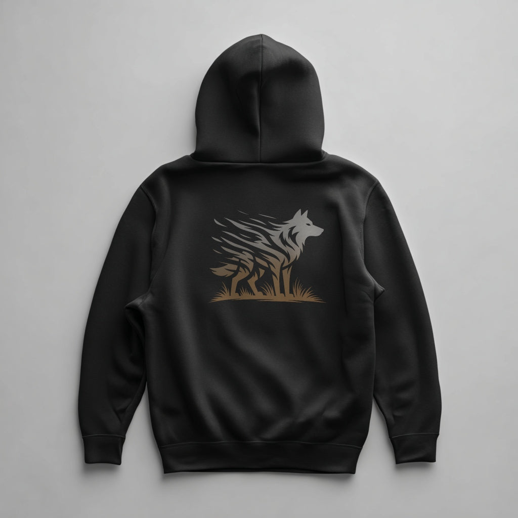 Stylized white wolf running graphic on the back of a Black midweight fleece hoodie.