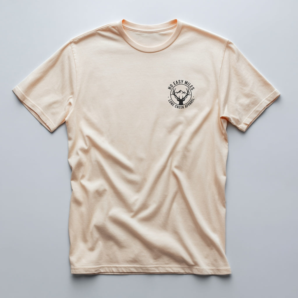 Beige t-shirt with a logo on a cream background