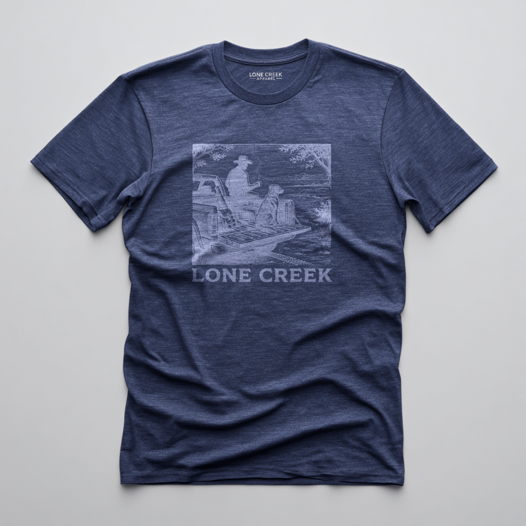 Woodcut-style truck and dog illustration in orange on a Heather Midnight Navy graphic tee.