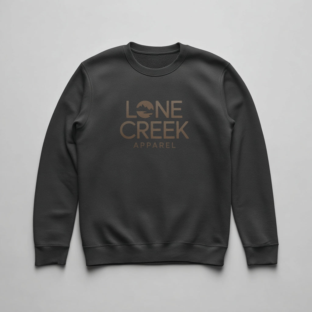 Dark gray sweatshirt with 'Lone Creek Apparel' logo on a white background
