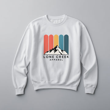 Retro colour bar and mountain graphic with Lone Creek Apparel text on a Cloud White midweight fleece sweatshirt