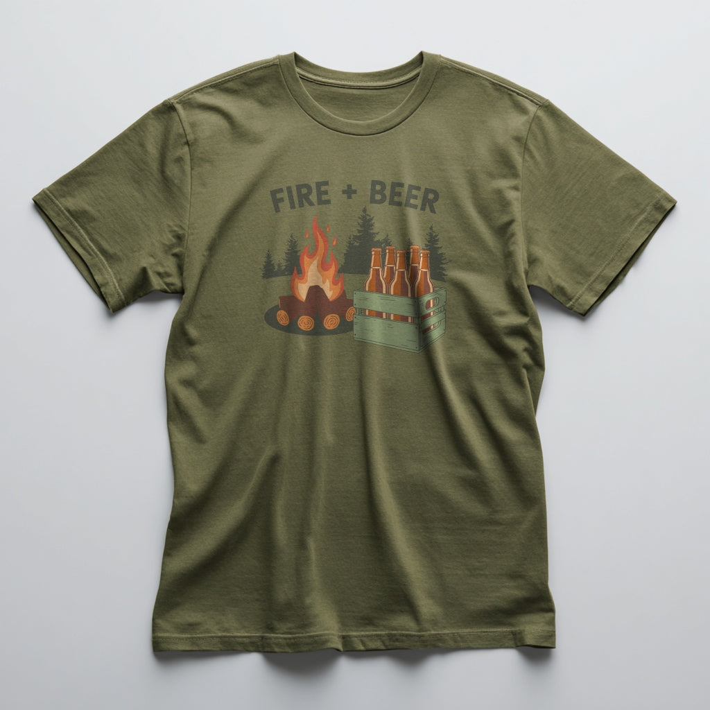 Green t-shirt with 'Fire + Beer' graphic design on a white background