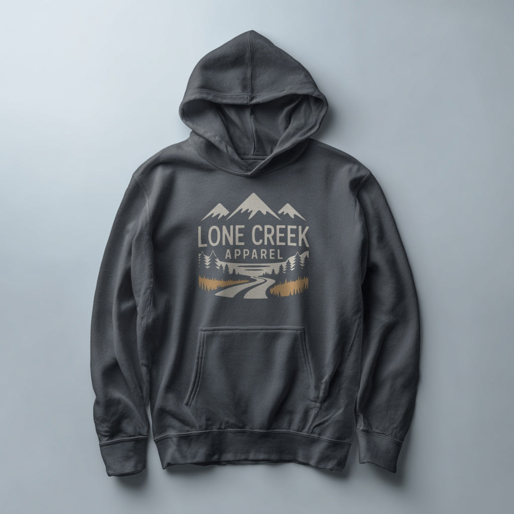 Gray hoodie with 'Lone Creek Apparel' logo on a light gray background