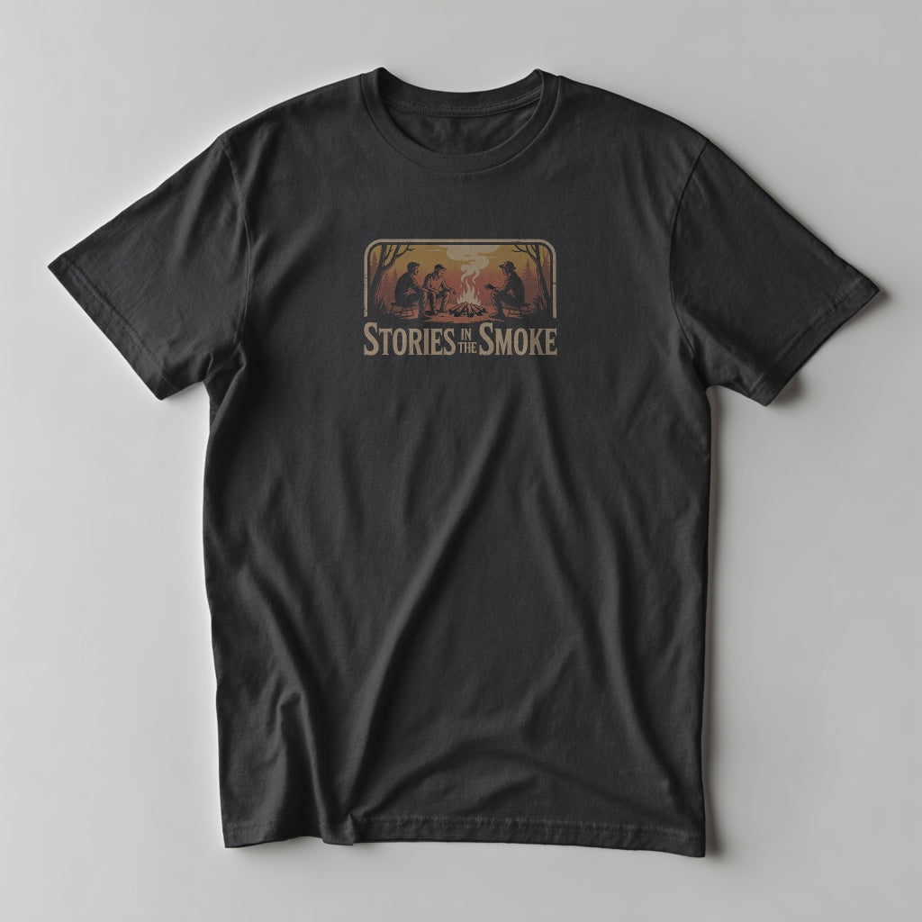 Black t-shirt with 'Stories of the Smoke' graphic on a gray background