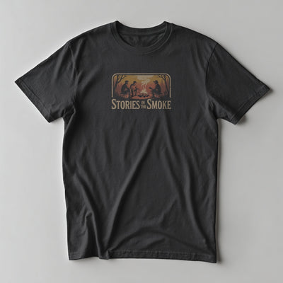 Multicolour campfire scene with three figures and Stories in the Smoke text on a Black graphic tee