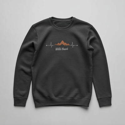 Mountain silhouette with coral gradient and white EKG heartbeat line on a Charcoal midweight fleece crewneck sweatshirt.