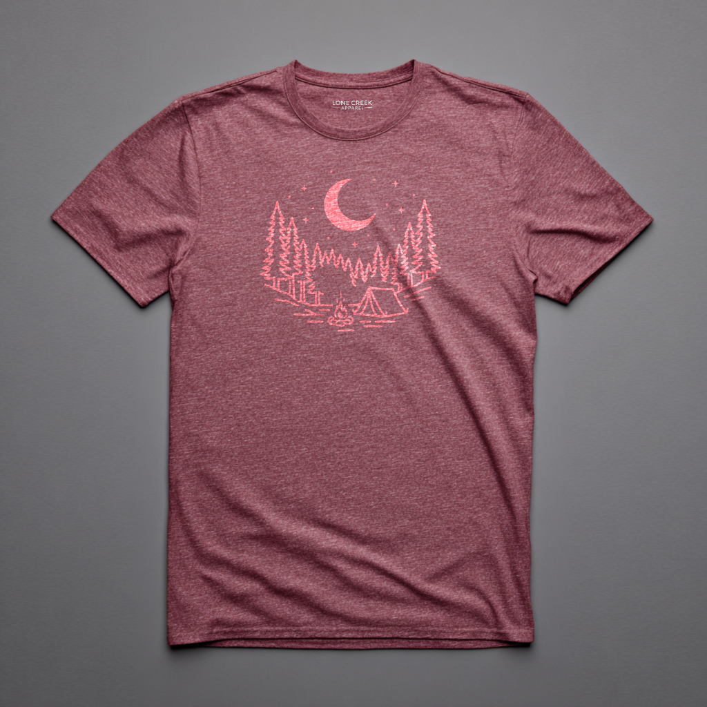 Red line art nighttime camping scene on a Heather Maroon lightweight cotton tee