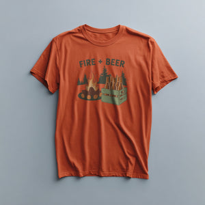  Retro campfire and beer bottle illustration on a Burnt Orange lightweight cotton tee