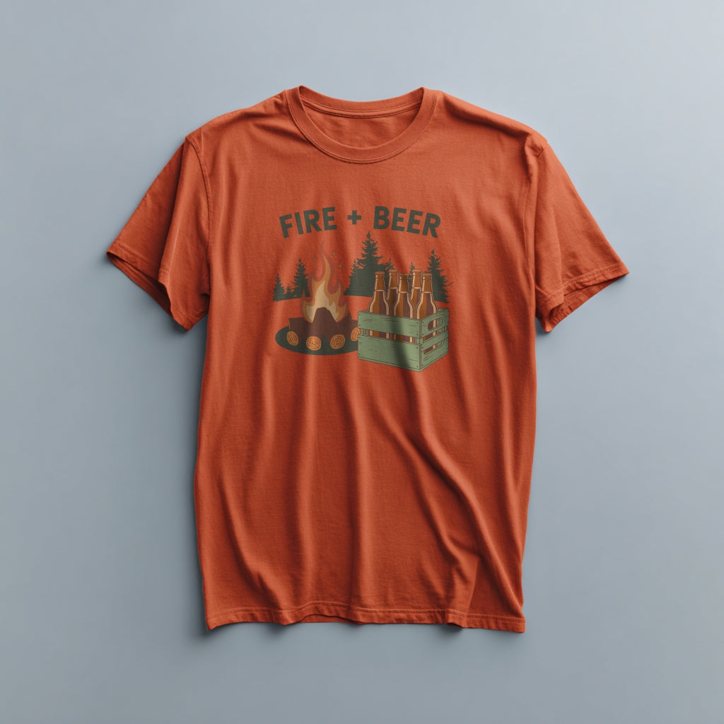 Orange t-shirt with 'Fire + Beer' graphic design on a gray background