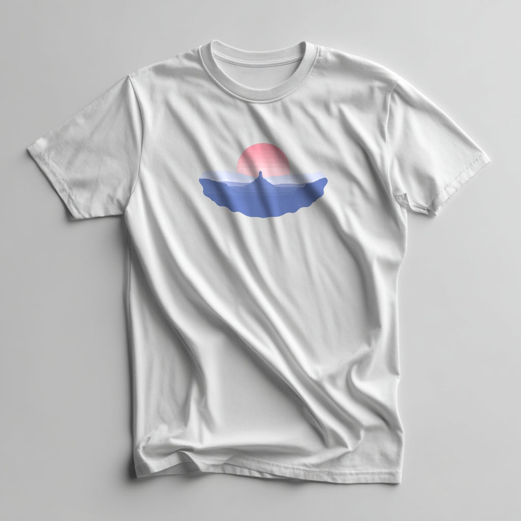 Geometric pink sun and blue mesa graphic on a White 100% cotton tee.