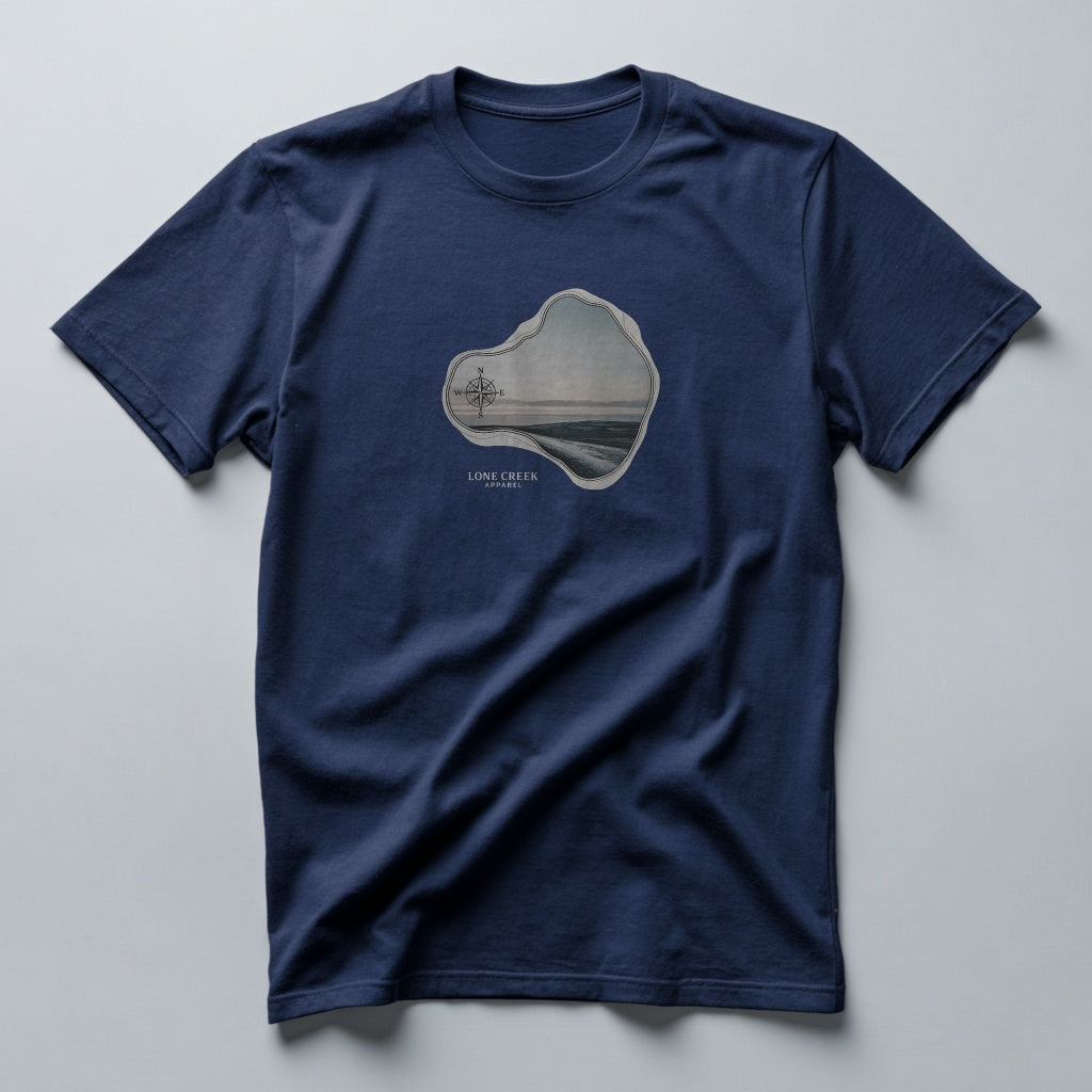 Navy blue t-shirt with a graphic design on a light gray background