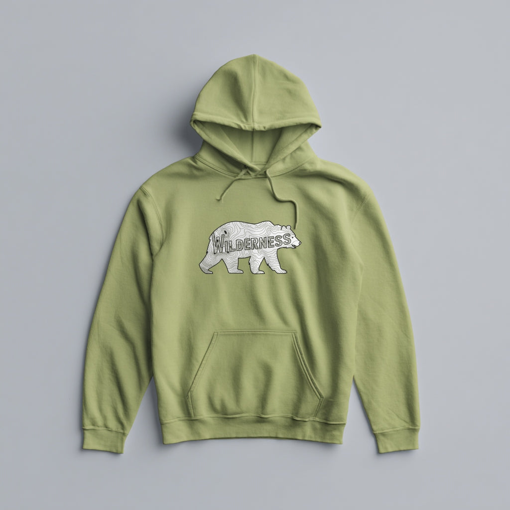 Black and white line art topographic bear graphic on a Pistachio midweight fleece hoodie.