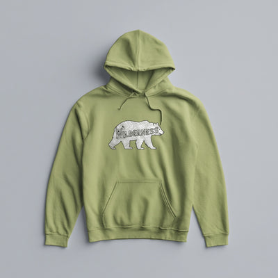 Black topographic bear line art with Wilderness text on a Pistachio midweight fleece hoodie