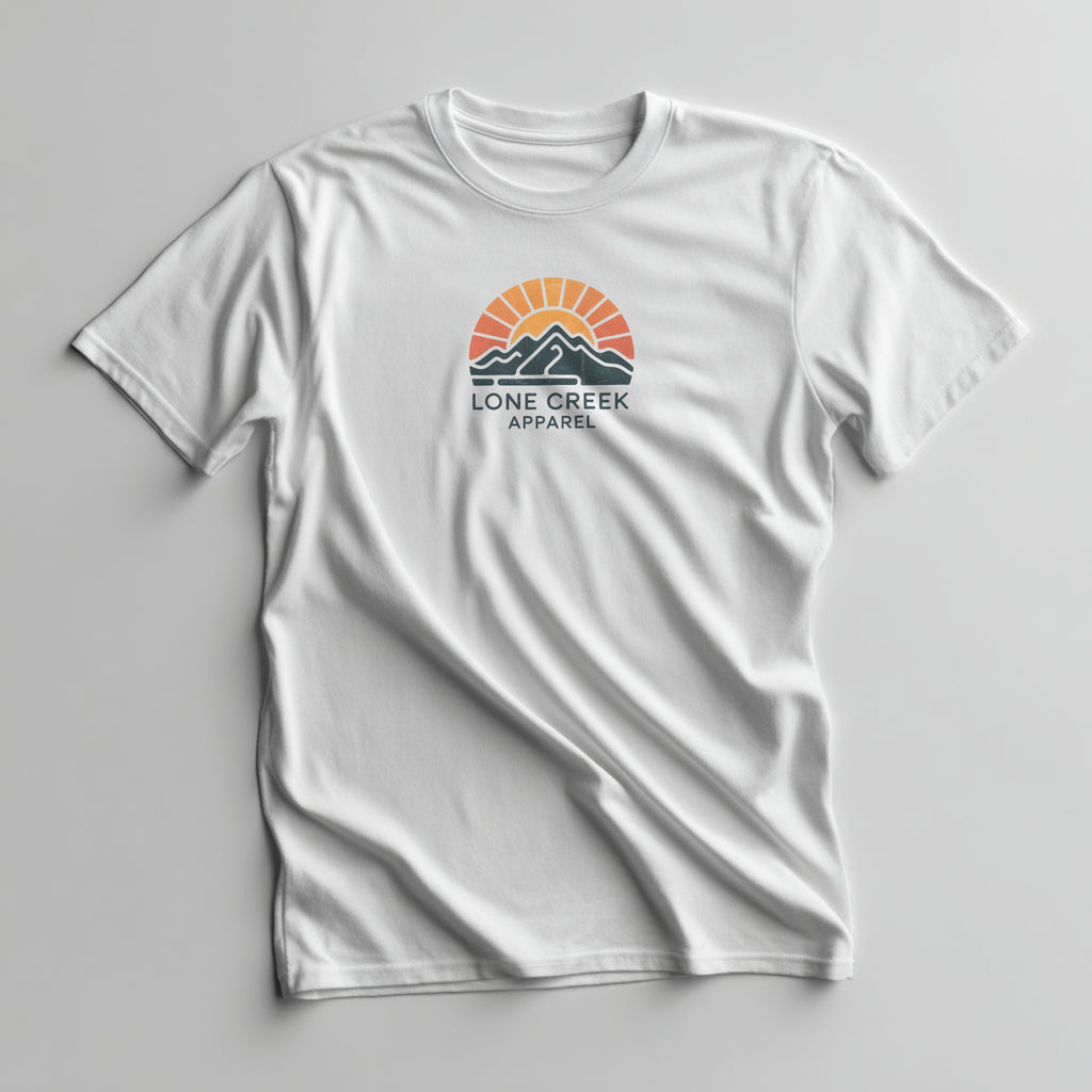 White t-shirt with a graphic design and 'Lone Creek Apparel' text on a gray background
