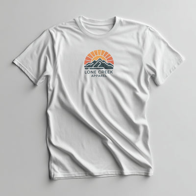 Multicolour retro sunset and mountain graphic with Lone Creek Apparel text on a White graphic tee