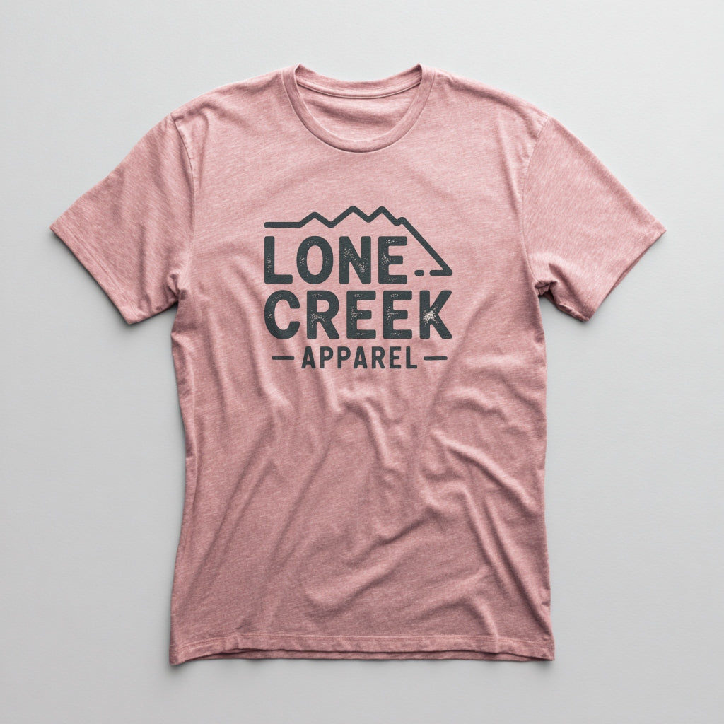 Lone Creek Apparel distressed mountain logo graphic on a heather-blend tee.