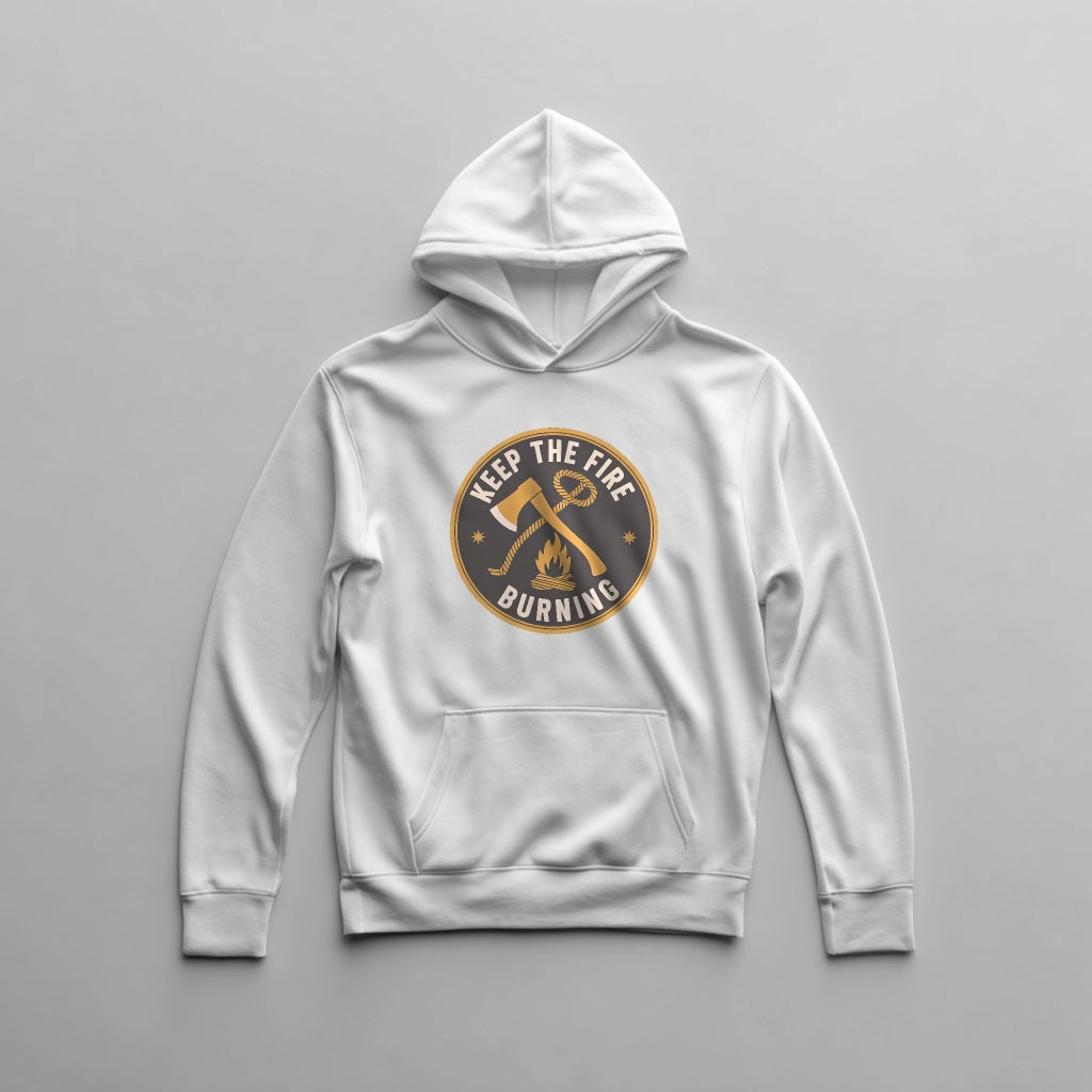 White hoodie with a circular logo featuring crossed axes and a flame, with text 'Keep the Fire Burning' on a white background.