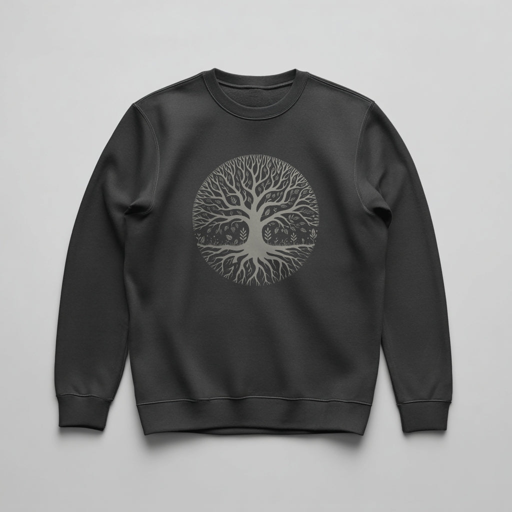 White tree of life mandala graphic on a charcoal midweight fleece crewneck sweatshirt.