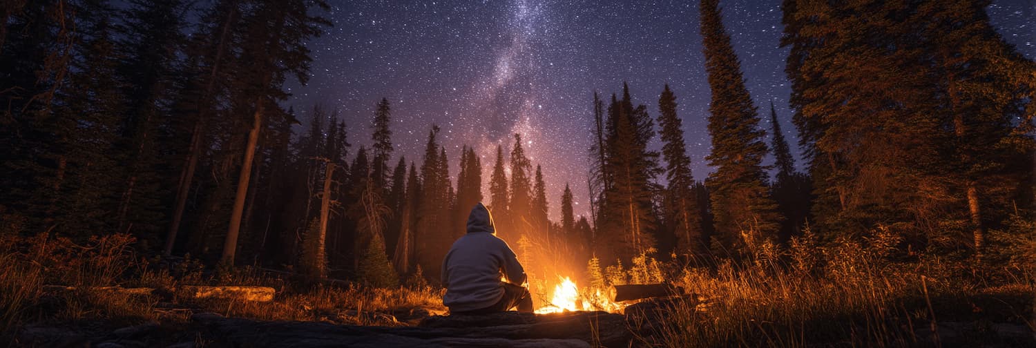 Person in a hoodie sitting by a campfire under a starry night sky surrounded by pine forest