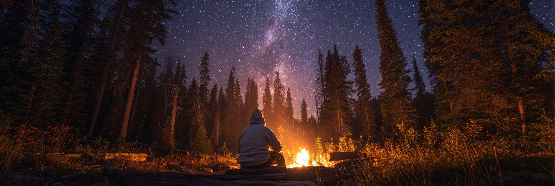 Person sitting by a campfire under a starry sky in a forest