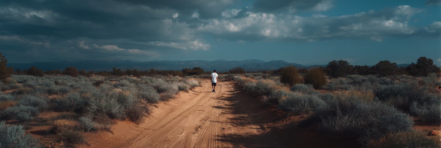 Person walking along a dirt path in a desert landscape with a dramatic sky.
