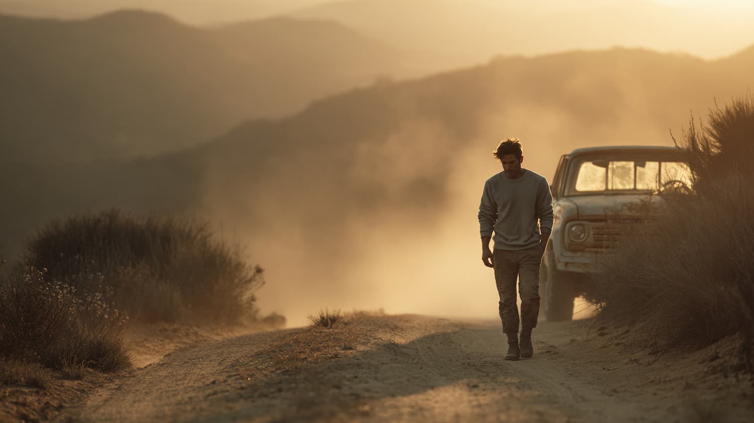 Person in a sweatshirt walking along a dusty mountain road beside a vintage pickup truck at golden hour